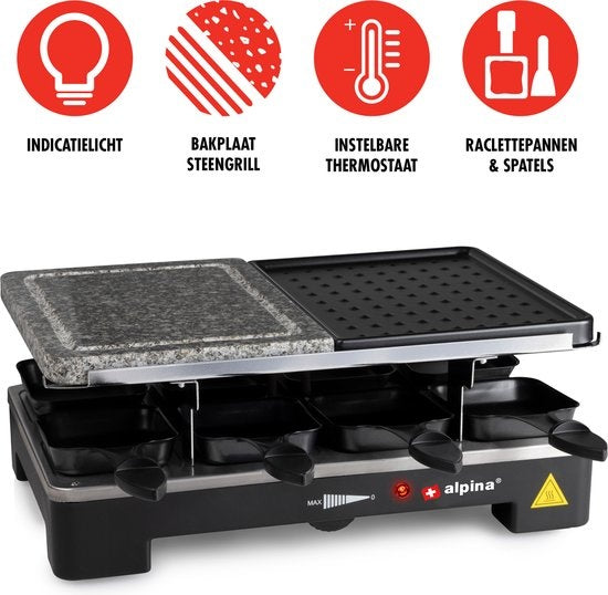 alpina - Gourmet Set Backplatte - 8 Personen - Inkl. Spatel und Raclette-Pfännchen - Schwarz