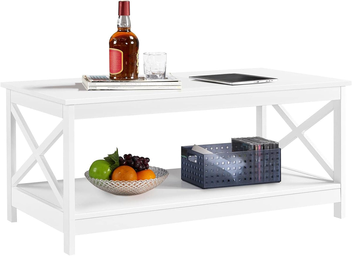 Couchtisch mit 2 Ablagebrettern und X-förmigem Gestell, 100 × 50 × 45 cm, weiß