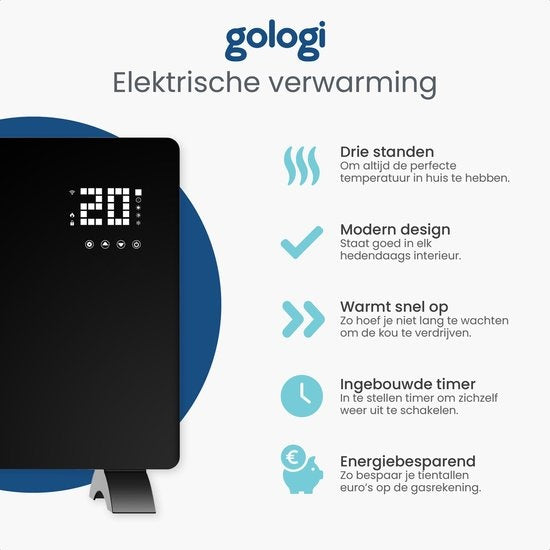 Gologi Electric Heater - Elektrische Heizung - Konvektorheizung mit Thermostat - Funktioniert über App und Touch-Steuerung - Bis zu 25m2 - 2000W Heizung - Schwarz