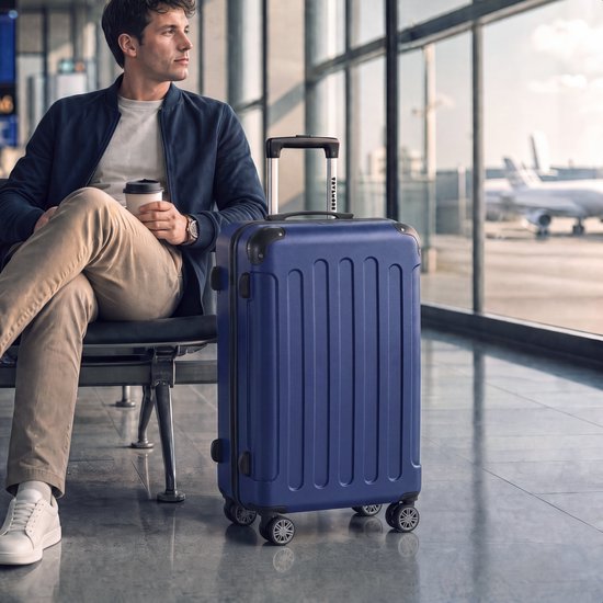 TRVLMORE Reisekoffer, mittelgroß – 65 x 44 x 25 cm – 70 l – Zahlenschloss – 4 um 360° drehbare Rollen – Dunkelblau