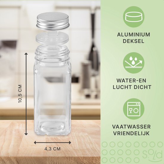 S.old - 36 Glasgewürzdosen quadratisch mit Deckel - Gewürzstreuer - Komplettset mit Streudeckeln, vorgedruckten Aufklebern und Trichter - Fassungsvermögen 120 ml - 10,5 x 4,3 cm