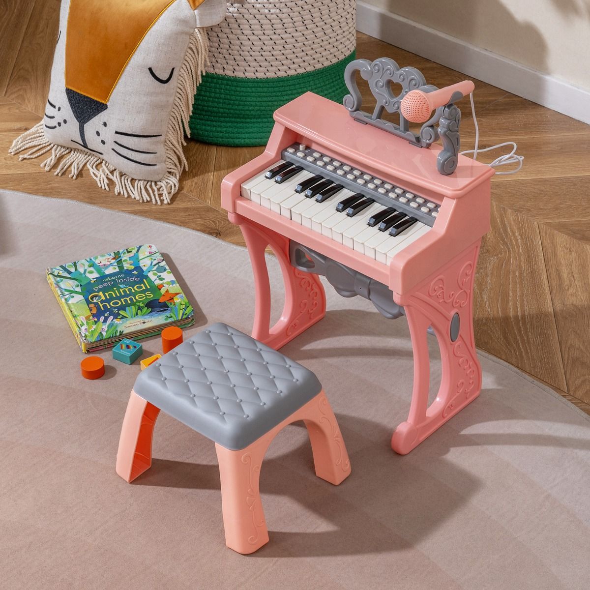 Coast Kinderkeyboard – 25 Tasten – mit Hocker, Notenständer und Mikrofon – rosa und grau