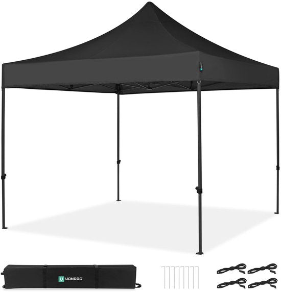 VONROC Partyzelt - 3x3 m - Premium easy-up Partyzelt - Modulares Design - Faltbar - Wasserdicht - Stahlrahmen - 50+ UV Schutz - Inklusive Aufbewahrungstasche - Schwarz