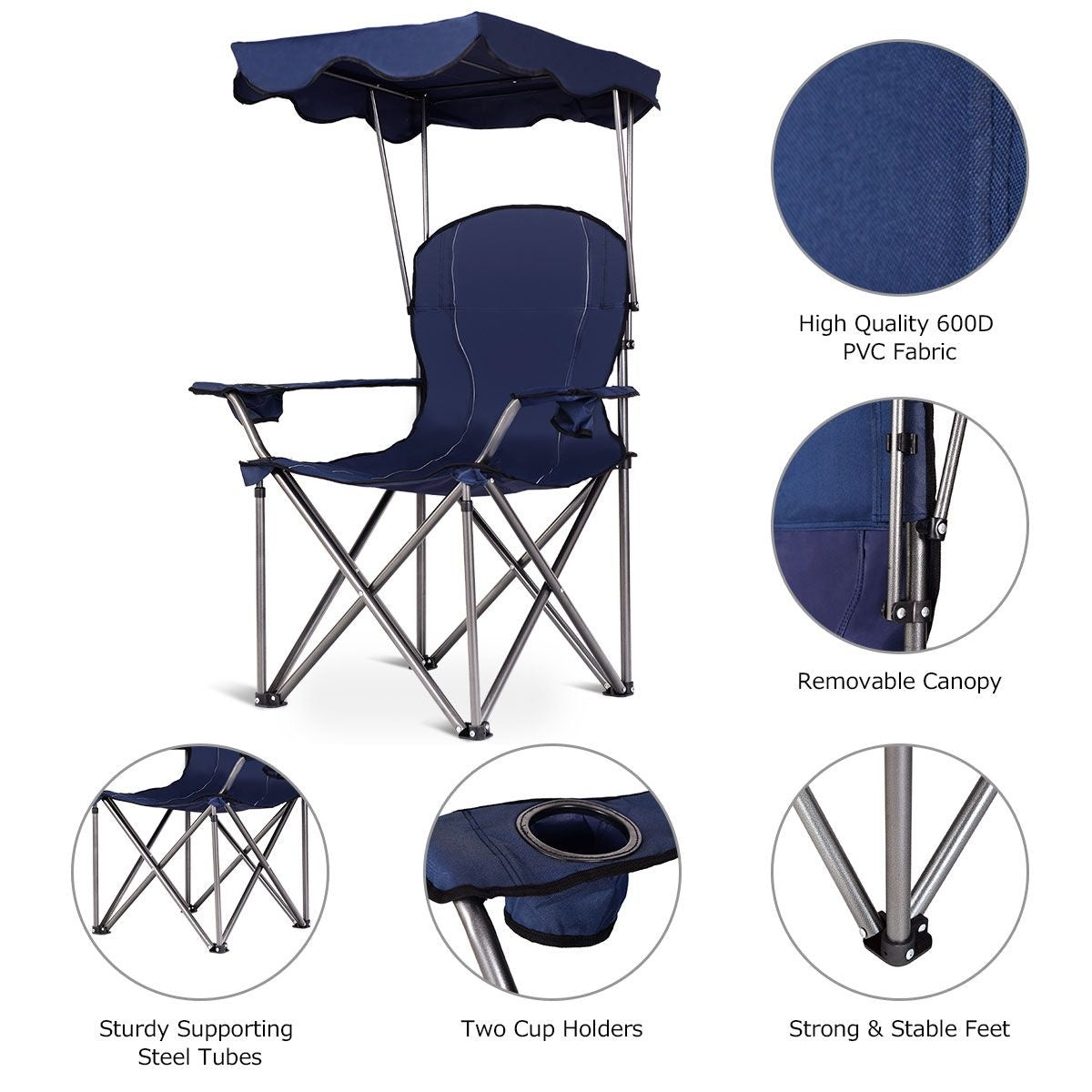 Coast Faltbarer Campingstuhl- Sonnendach- Becherhalter Tragetasche-96,5 x 67,5 x 130 cm - blau