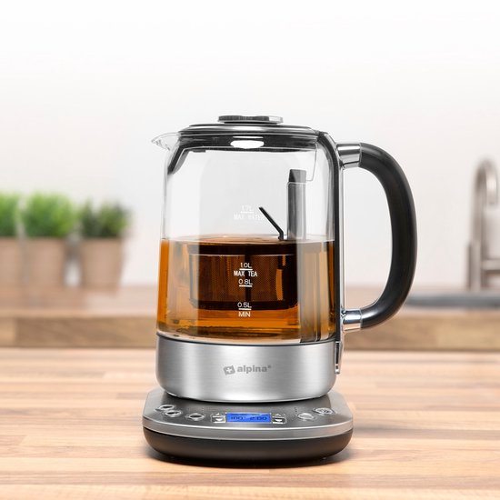 alpina Wasserkocher mit Teekorb - 1,7 L - 2200 W - Wasserkocher - Teezubereiter - Wasserkocher - Warmhaltefunktion - Trockengehschutz - Digitalanzeige - Edelstahl - Glas