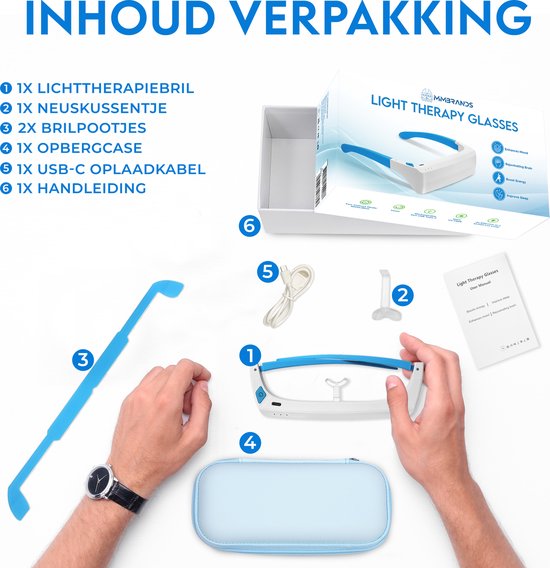MM Brands Tageslichtlampe - Lichttherapiebrille - Winterdepression LED-Lichttherapie - Sicher für die Augen - Weiß und Blau