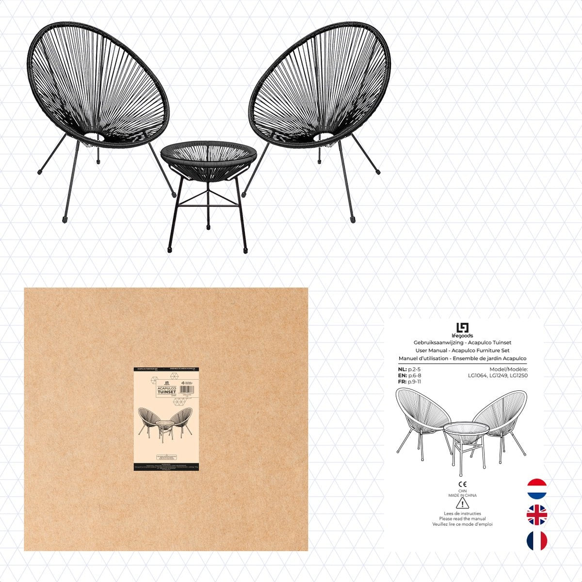 LifeGoods Acapulco Chair Bistro Set - Gartenstühle - Gartenset mit Beistelltisch - 3-teilig - Schwarz