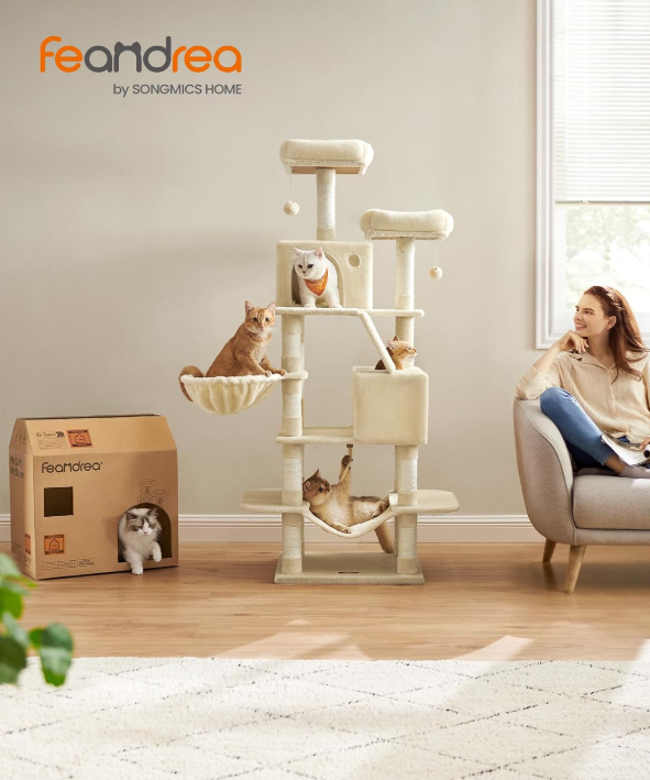 JoyFurnos Kratzbaum XXL 168 cm – Kratzbaum mit 13 Kratzstämmen, 2 Katzenhöhlen, Hängematte und Korb – Beige