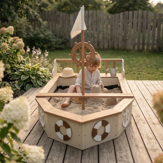 AXI Doris Boot-Sandkasten mit Aufbewahrungsbank, beige – mit Flagge und Holzsteuerrad – inklusive Abdeckplane und Bodenplane – 10 Jahre Garantie!