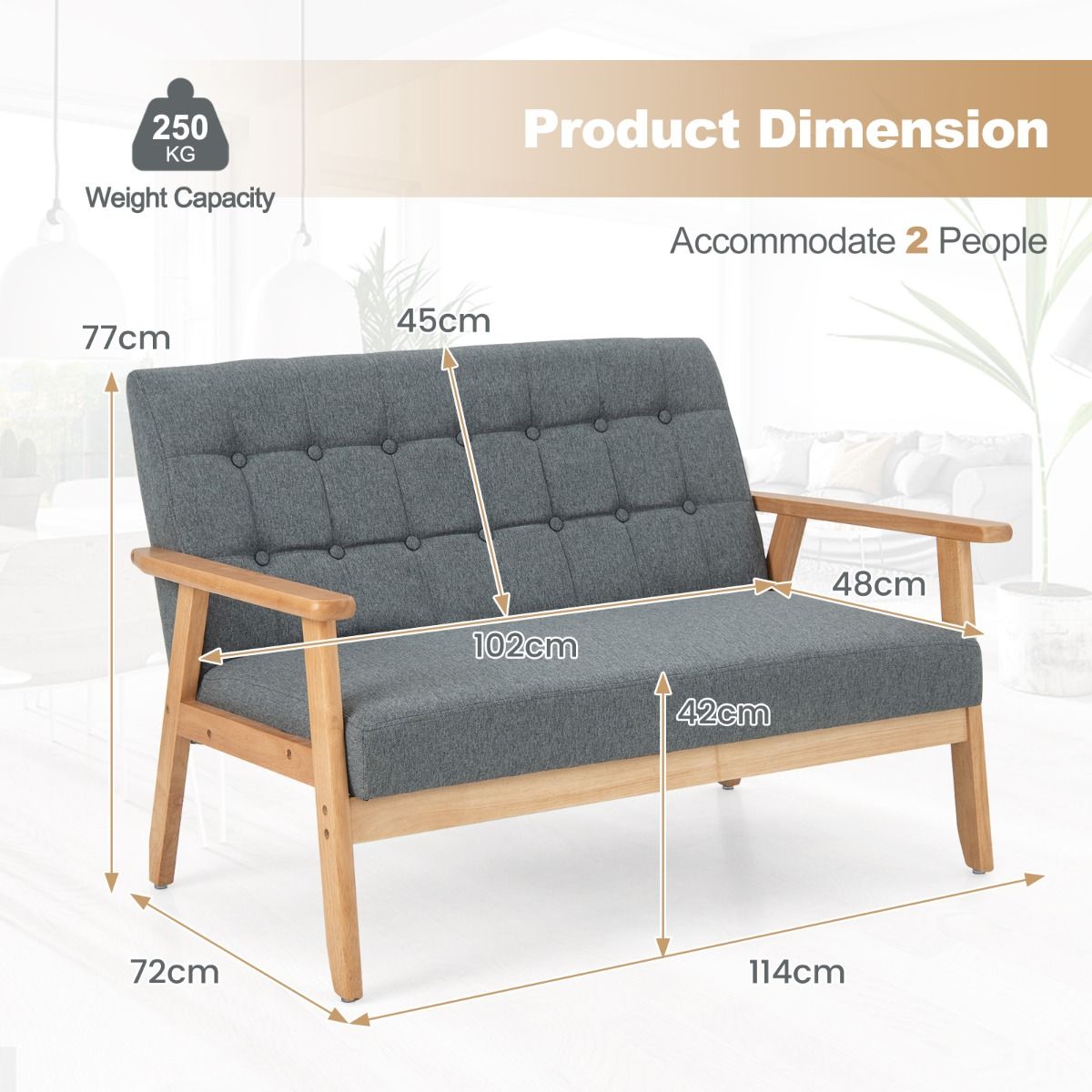 Coast Linen Loveseat 2-Sitzer – Grau – 114 x 72 x 77 cm – Rahmen aus Kautschukholz – Mid-Century-Design
