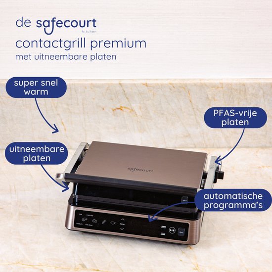 Safecourt Kitchen Kontaktgrill - Panini-Grill und Toasti-Eisen - Abnehmbar - PFAS-freie Platten - Spülmaschinenfest - Groß - Schnelle Hitze (2200W)
