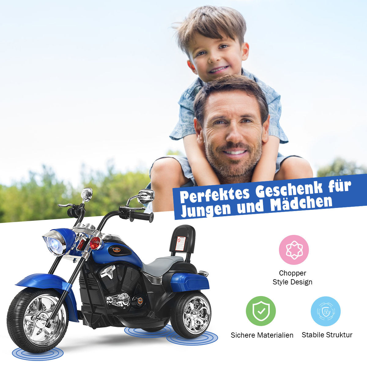 Coast Elektro-Motorrad mit verstellbarem Scheinwerfer - 6V - mit Musik - 91 x 48 x 64 cm - blau/schwarz