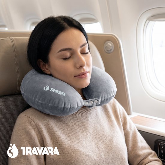 TRAVARA Nackenkissen „The Puffer“ – Aufblasbares Reisekissen – Für das Flugzeug – Autokissen – Travel Pillow – Grau