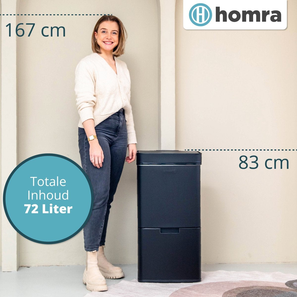 Homra NEXO Sensor-Abfalltrennbehälter Schwarz 72 Liter - 3 Fächer - 2x12L + 48L - Infrarot-Sensor