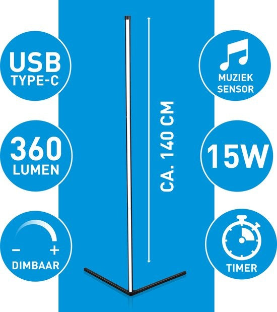 Grundig LED Stehleuchte - Stehleuchte 140cm - Dimmbares RGBW und weißes Licht - Inkl. Fernbedienung und Musiksensor