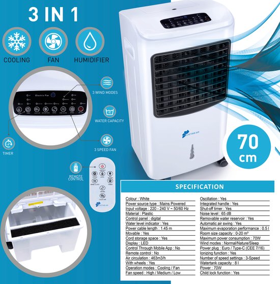 Lifetime Air Air Cooler 8L - Luftkühler mit Fernbedienung - Luftumwälzung 463mÂ³/h - leicht zu bewegen - 3 Geschwindigkeiten - 65dB - digitale LED-Anzeige - weiß