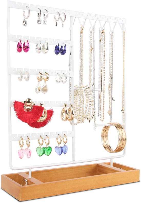 Posity Schmuckständer - Schmuckhalter - Ohrringständer - Schmuckhalter - Für Halsketten/Armbänder/Ringe/Schmuck - Holz & Metall - Weiß
