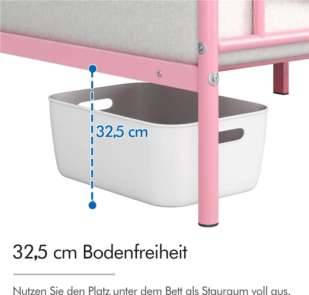 Yaheetech Metall-Bettgestell 90 x 190 cm – Hellrosa – Einzelbett mit Kopfteil im Wolkenmuster