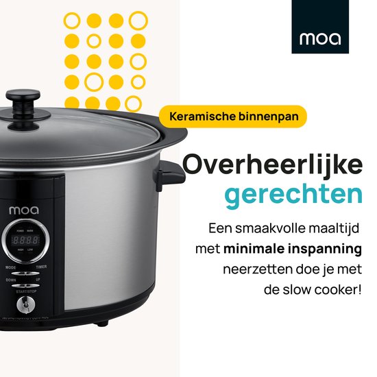 MOA Slow Cooker mit Timer - 6,5L - Ø 24,5cm - Aluminium-Innenbehälter - transparenter Deckel - 3 Heizstufen - spülmaschinenfest - BPA-frei - rostfreier Stahl