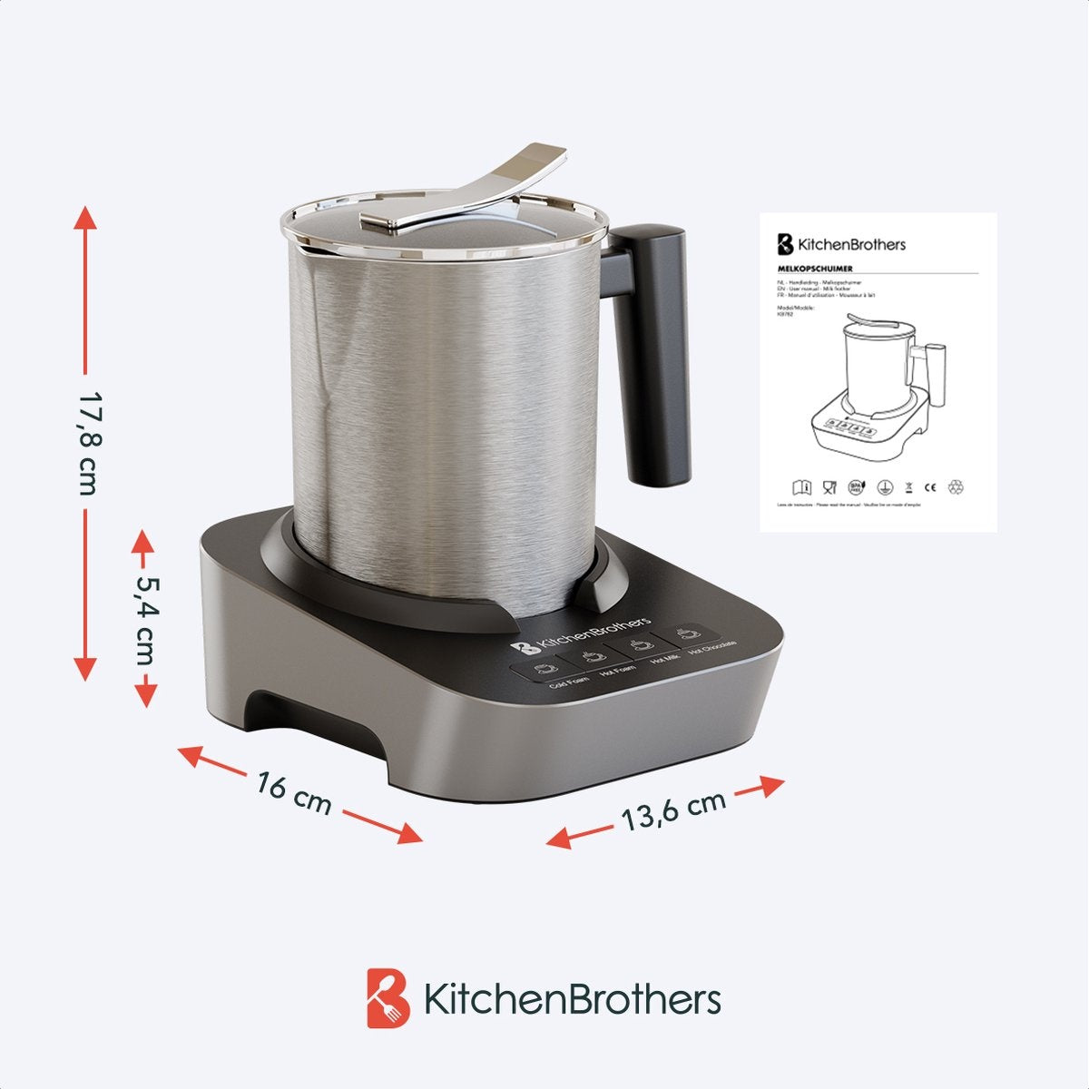 KitchenBrothers - Elektrischer Milchaufschäumer - Spülmaschinengeeignet - 4-in-1 - 400 ML - Edelstahl/Schwarz