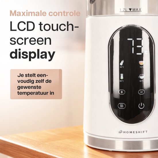 HomeShift® Wasserkocher mit Temperaturkontrolle - Warmhaltefunktion - Doppelwandig - Elektrisch - 1,7 Liter - 2200W - Weiß