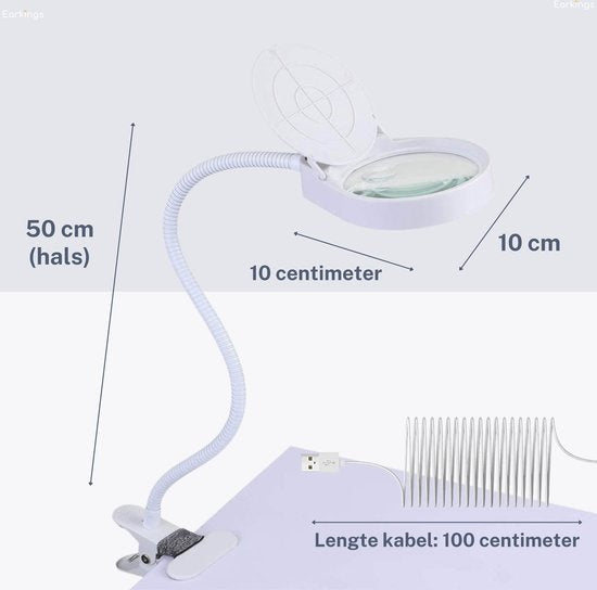 Lupe - Lupe mit LED-Licht - Für Kinder/Erwachsene/Senioren/Lesen/Zeichnen/Hobby mit Tischklemme - Lupe mit Beleuchtung Earkings White