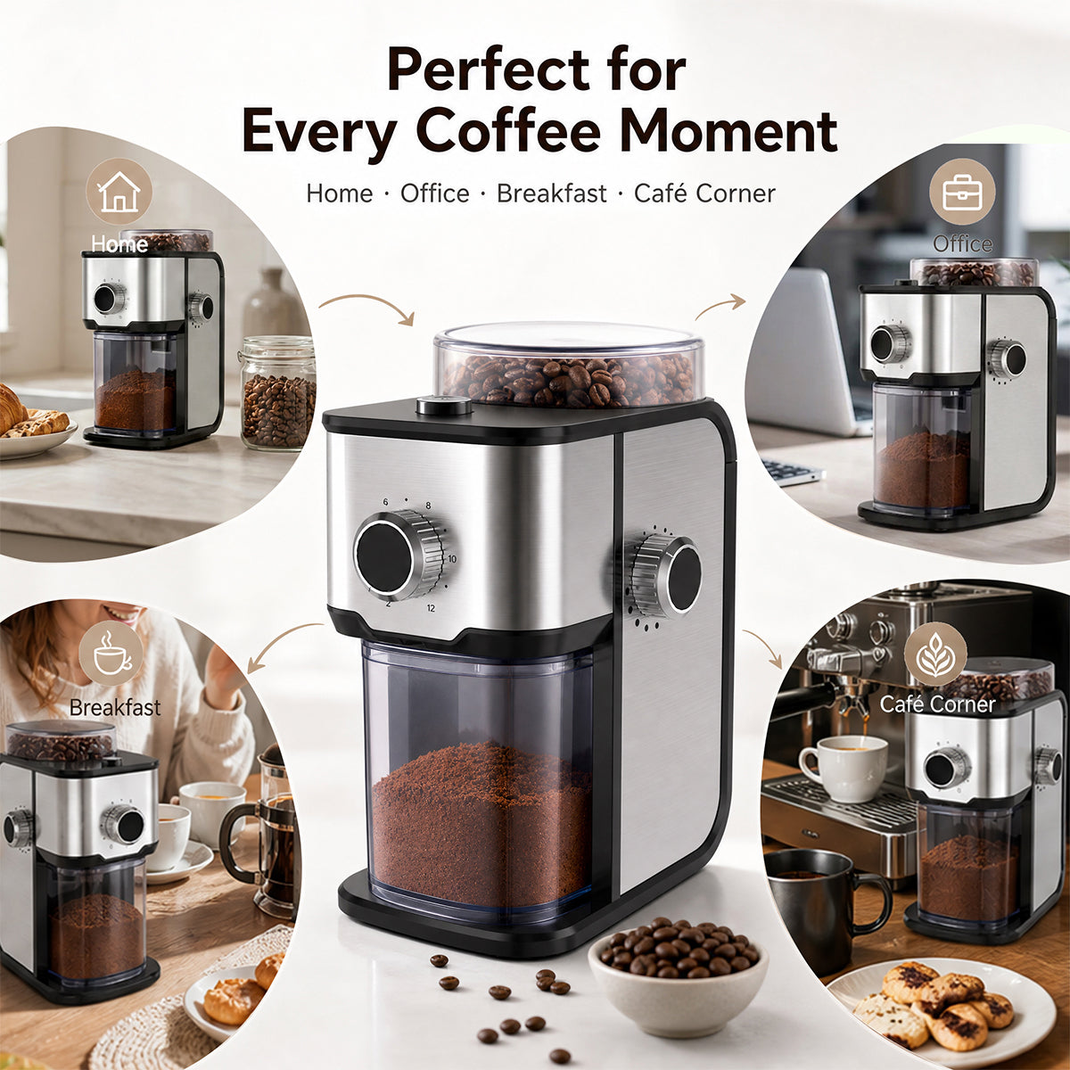 Ollygrin BG705 elektrische Kaffeemühle mit flachen Mahlwalzen – einstellbare Kaffeemühle für den Hausgebrauch