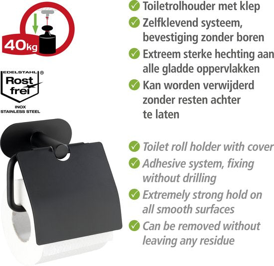 WENKO Turbo-Loc® Toilettenpapierhalter mit Klappe Orea Edelstahl schwarz matt – Toilettenpapierhalter – WC-Rollenhalter – Befestigung ohne Bohren – Selbstklebend – 10 Jahre Garantie