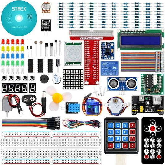 Strex Starter Kit geeignet für Raspberry Pi - 189 Teile - Pi3 & Pi4 - GPIO / Fernsteuerung / Motor / LCD Display / Relais / Tastatur / Bewegungssensor und mehr! - DVD mit Handbüchern - In Plastik-Aufbewahrungsbox
