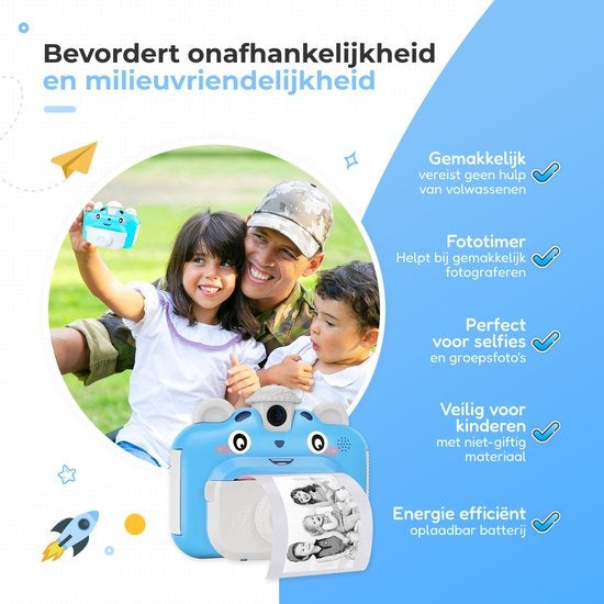 AyeKids Sofortbildkamera für Kinder - Mini-Thermodrucker - Fotodrucker - Inklusive 3 Rollen & 12 Farbmarker - Blau