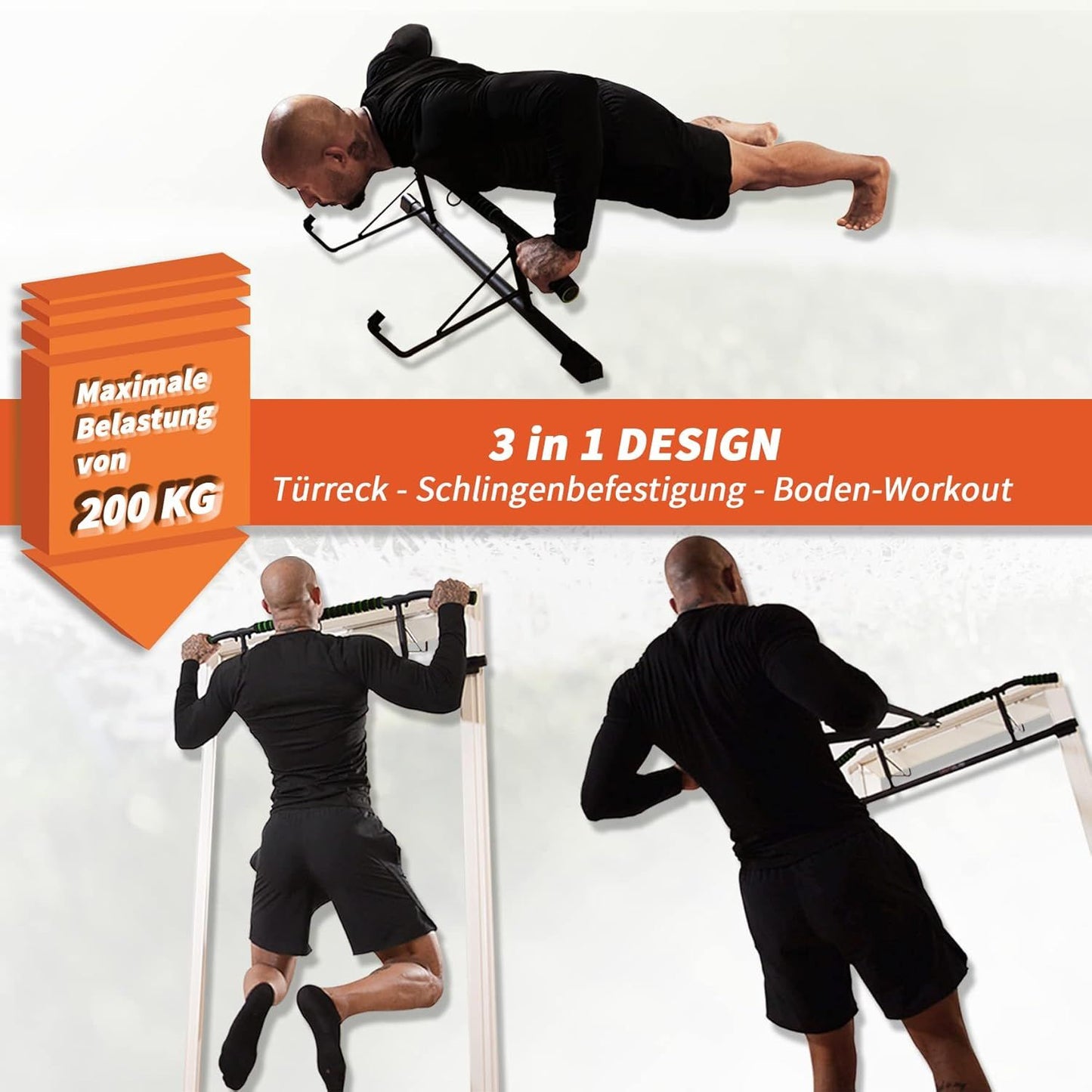 DH FitLife Klimmzugstange für die Tür – Schraubenlose Klimmzugstange mit Slingtrainer – Schwarz/Grün – 70–92 cm