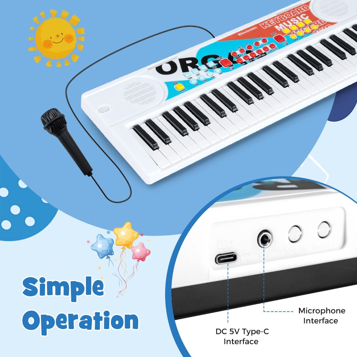 Coast Kinderkeyboard – 49 Tasten – tragbares elektrisches Keyboard – 8 Rhythmen – weiß