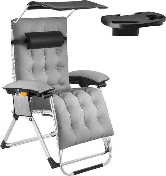 tectake® Klappbarer Liegestuhl Cloud mit Sonnenschirm - Gartenstuhl mit Tisch - Getränkehalter - stufenlos verstellbar - für Balkon, Camping oder Garten - Relaxsessel mit extra dickem Kissen - Strandkorb - Liege - div. Farben - Grau
