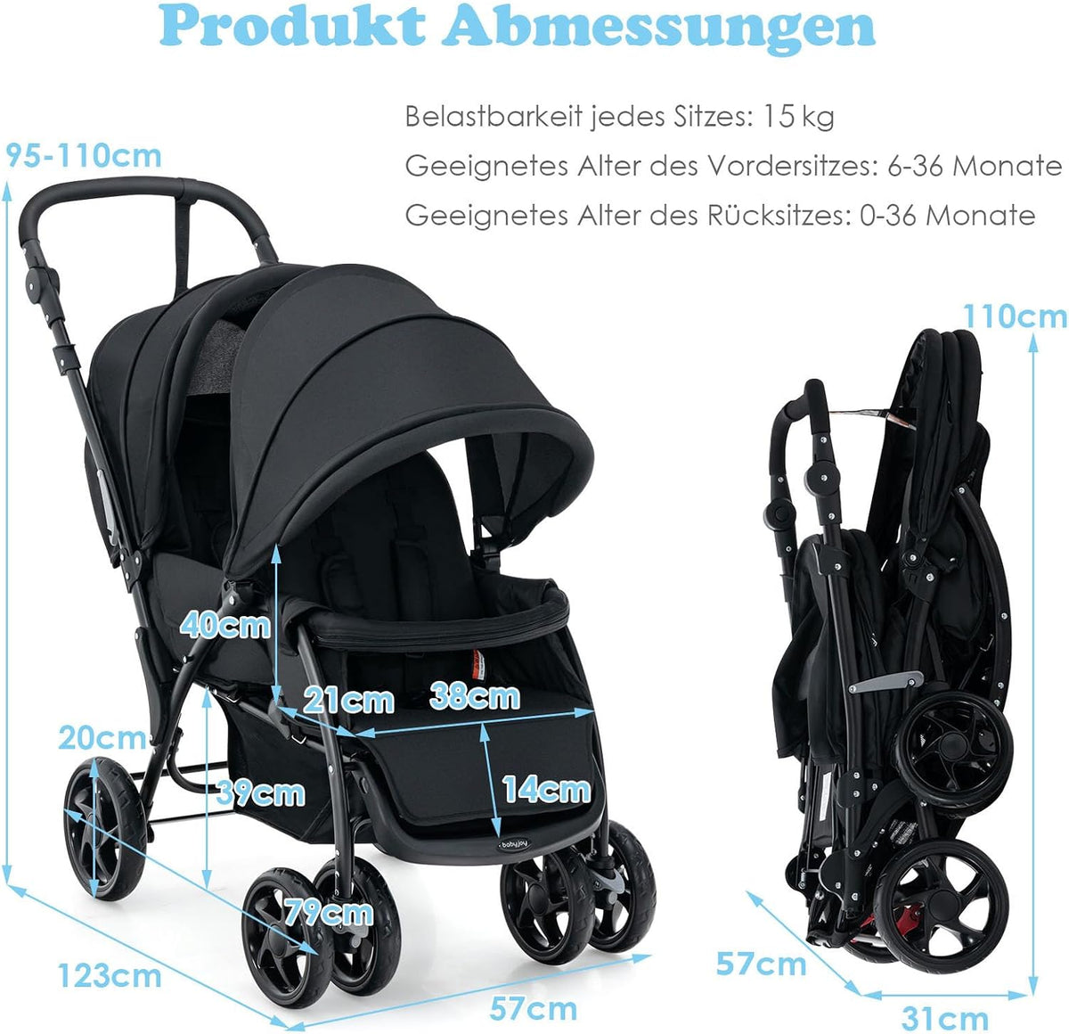 Coast Tandem-Kinderwagen für zwei Kinder – zusammenklappbar mit verstellbarer Rückenlehne – schwarz – Metall