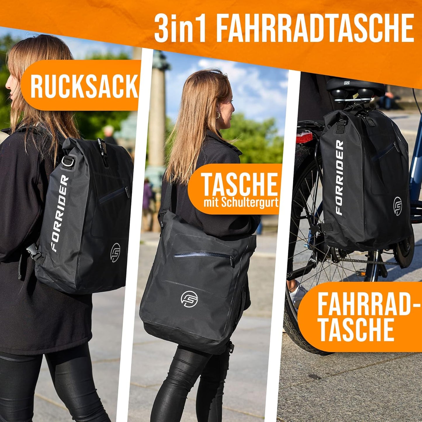 Forrider 3-in-1 Packtasche für Gepäckträger - Rucksack & Umhängetasche, wasserdicht, 27L, Schwarz, 32 x 18 x 57 cm