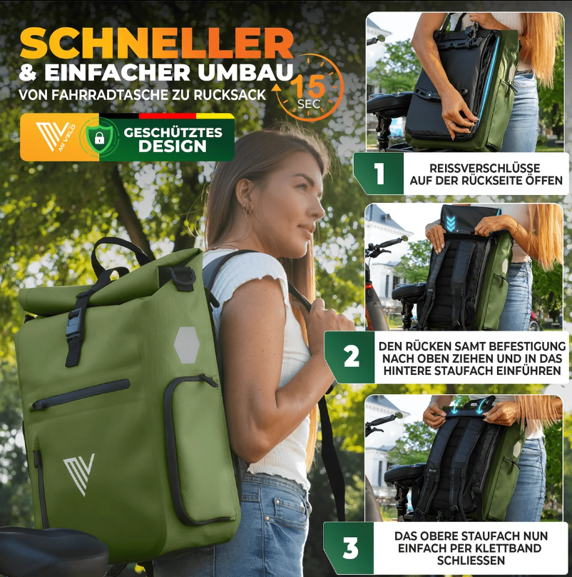 MiVelo EVO Fahrradtasche/Rucksack – 25 l – 100 % wasserdicht – 3-in-1 – Laptopfach – 60 x 30 x 15 cm