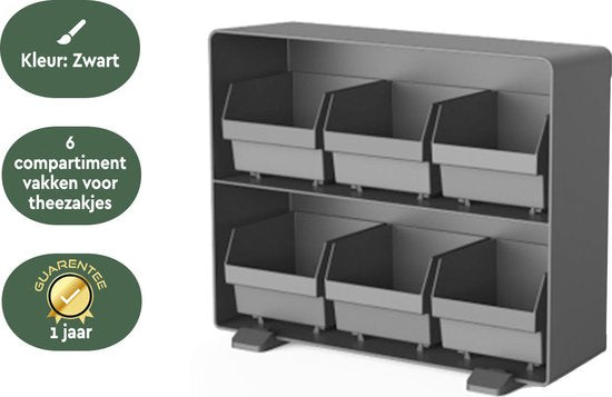 BRASQ Tee-Organizer Schwarz TB100 – Teedose mit 6 Fächern – Küchenorganizer – Teedose – Teebeutelhalter – Platzsparendes Aufbewahrungssystem