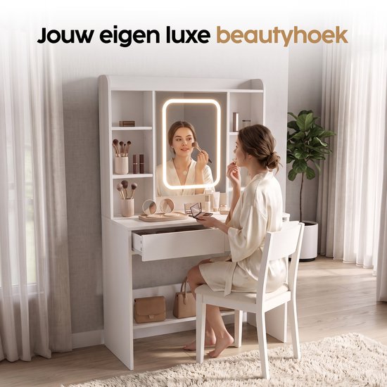 Infinity Goods Schminktisch mit LED-Spiegel – Make-up-Tisch – Besonders viel Stauraum – Dimmbar – Weiß