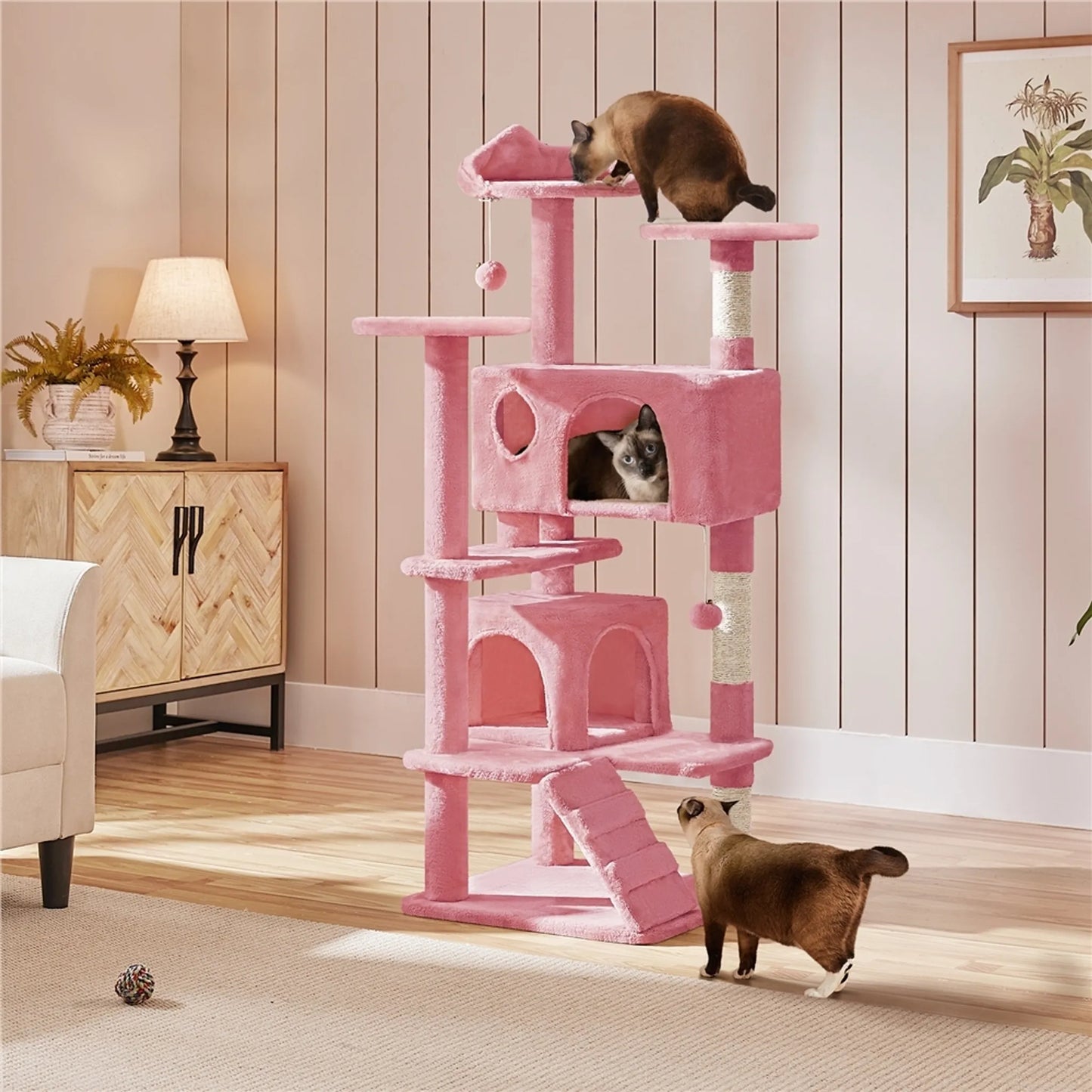 Yaheetech Katzenpfosten mit 3 Aussichtsplattformen - Ausgestattet mit 2 Katzenkörben und Sisalstangen und Spielball mit Glocke - Für Haushalte mit mehreren Katzen - Rosa Plüsch und E1 Spanplatte - 49 x 49 x 139 cm