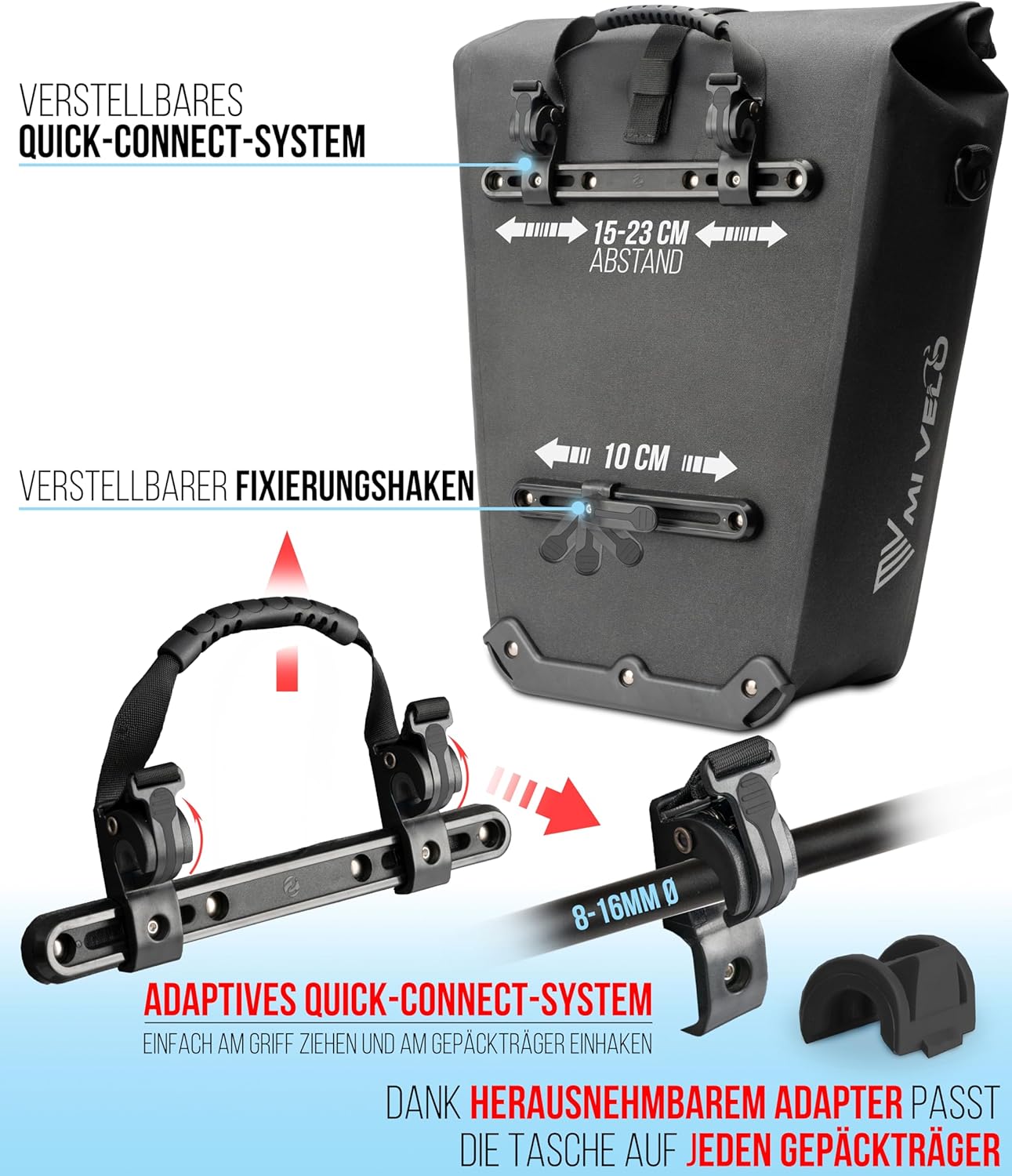 MIVELO Fahrradtasche - 100% wasserdicht - Laptopfach - 25L - 43 x 33 x 5 cm - Farbe Carbon