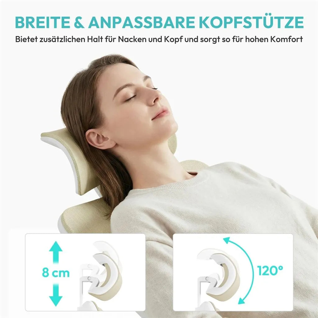 Yaheetech Ergonomischer Bürostuhl mit verstellbarer Kopfstütze und Lendenwirbelstütze – Beige – 70 x 59 x 115–125 cm