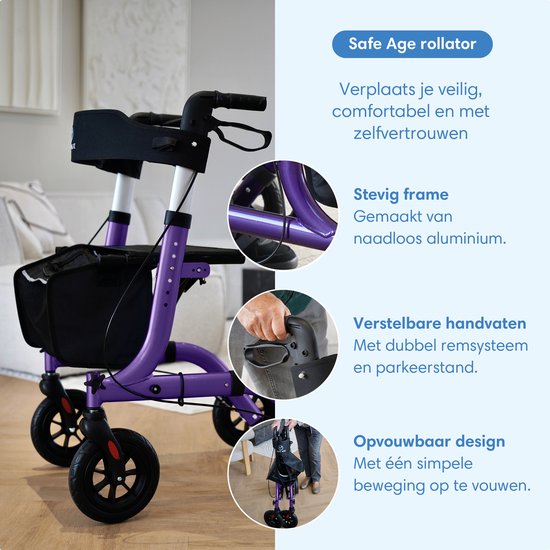 Safe Age® Rollator, leicht und zusammenklappbar – Gummiräder – Sitzfunktion – für drinnen und draußen – Rückenlehne und Gehstockhalterung – Lila