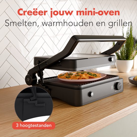 KitchenBrothers Kontaktgrill - Grillgerät - Abnehmbare Grillplatten - Panini Grill - 3 Höheneinstellungen - Toasti Eisen - 2000W - Schwarz