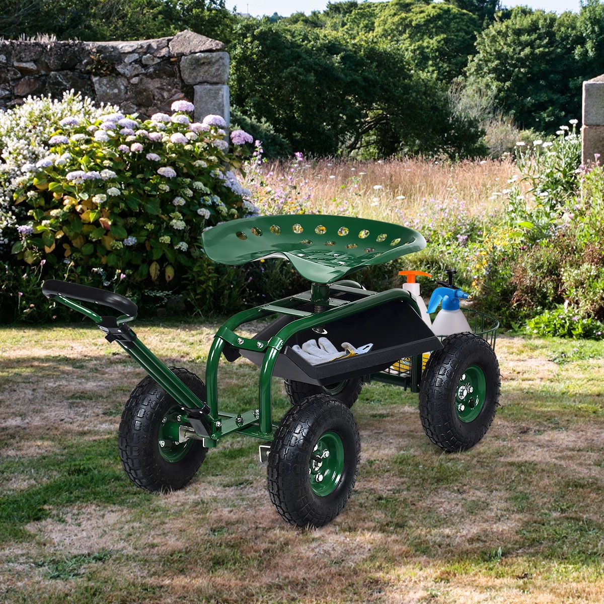 Coast Gartenwagen mit verstellbarem Griff – ergonomischer Sitz – Ablagekorb und Werkzeugkästen – grün