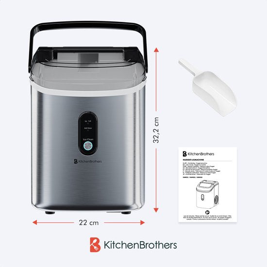KitchenBrothers Nugget Eiswürfelbereiter - 1.1L - Crushed Ice Maker mit Eisportionierer - tragbar - 15kg/24 Stunden - rostfreier Stahl