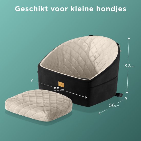 CozySense® Hundeautositz - Sicherer Hundekorb für kleine Hunde - Vorder- und Rücksitz - mit Sicherheitsgurt, Staufach und waschbarem Bezug - Schwarz/Beige