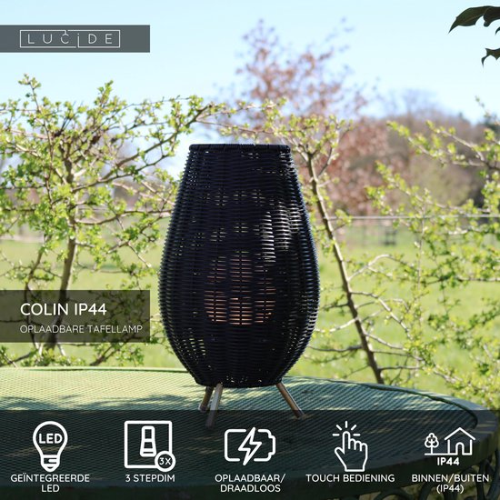 Lucide COLIN IP44 – Wiederaufladbare Tischlampe für drinnen und draußen – Akku/Batterie – LED mit 3-stufiger Dimmung – 1×3 W, 3000 K – IP44 – Schwarz – Japandi