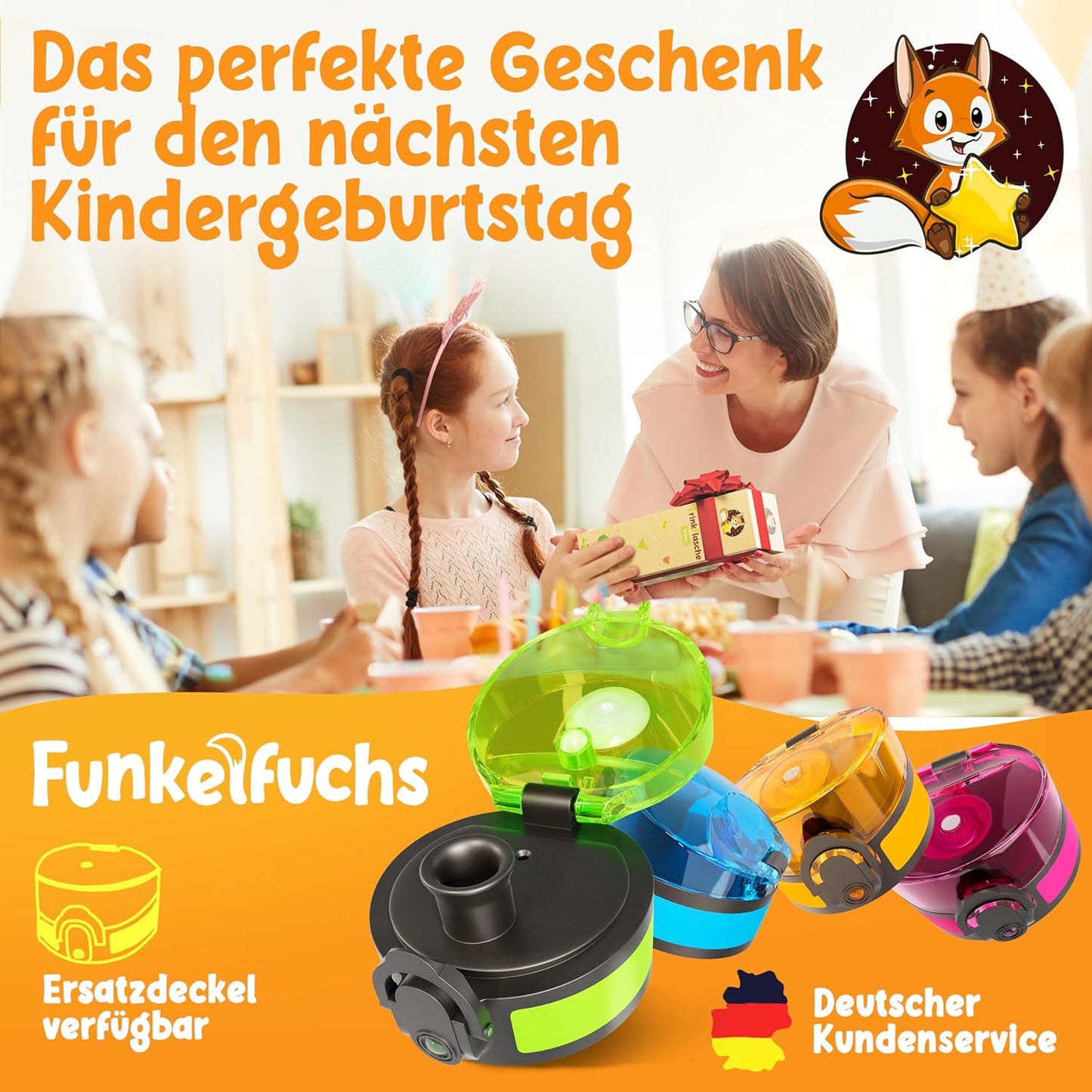 Funkelfuchs® - Trinkflasche für Kinder - 500ml, grün - mit Kohlensäure - 100% auslaufsicher - Wasserflasche spülmaschinenfest - für Kindergarten, Schule, Sport