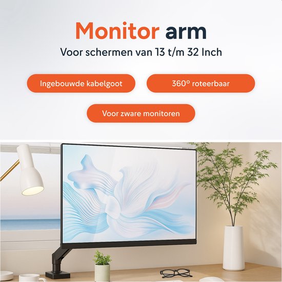 Skoov Monitorarm mit Gasfeder – Für 13–32 Zoll – Halterung für 1 Bildschirm – Monitor – Ständer – Halter – Halterung – Besonders stabil – Schwarz
