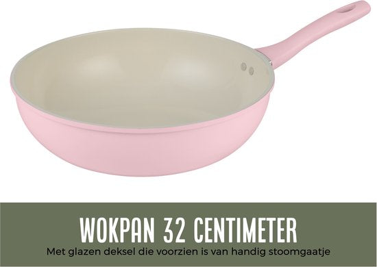 COOCK Wokpfanne Induktion 32cm - Spezial-Antihaftbeschichtung - Bratpfanne mit Deckel - Recyceltes Aluminium - Hellrosa/Weiß - Inklusive E-book